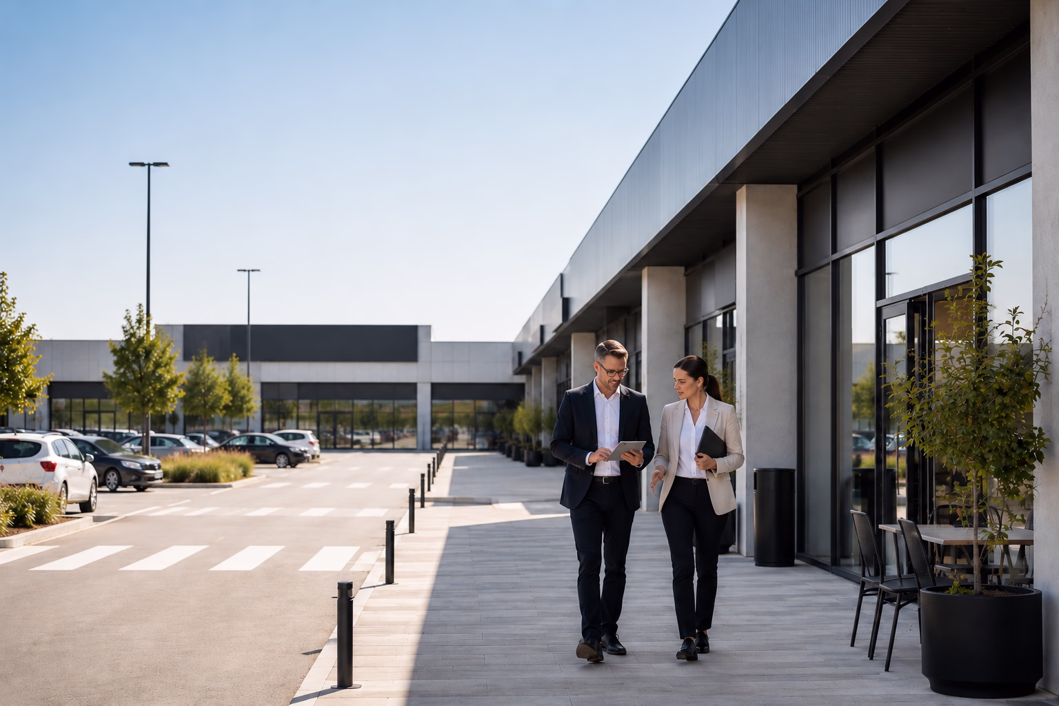 Consultanți imobiliari analizând planurile de dezvoltare și strategia comercială împreună cu un dezvoltator de proiect.