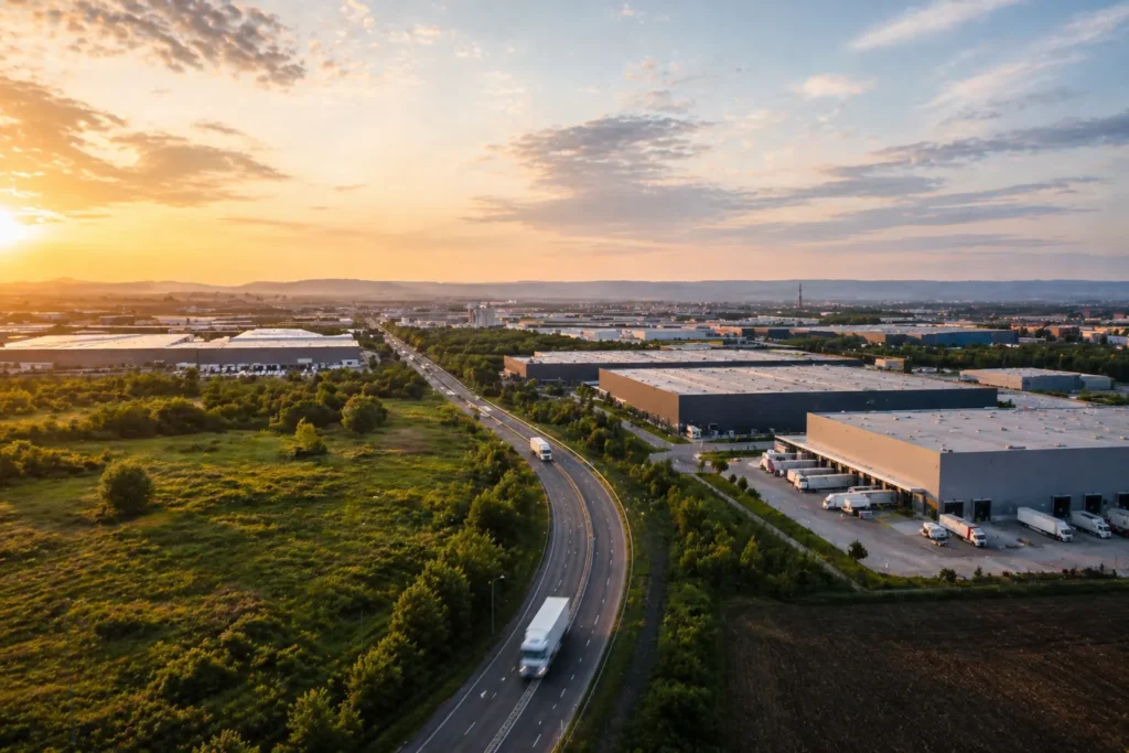 parc industrial si logistic in iasi vedere aeriana cu depozite si infrastructura rutiera